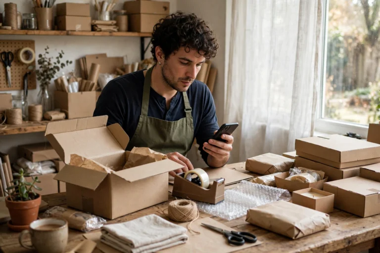 Small business owner packing customer orders while checking messages on a phone