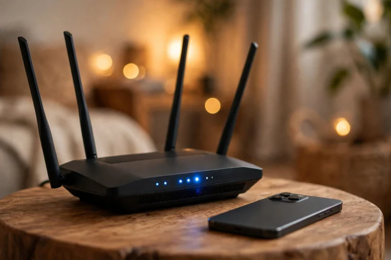 Wi-Fi router with glowing LEDs beside a smartphone on a side table