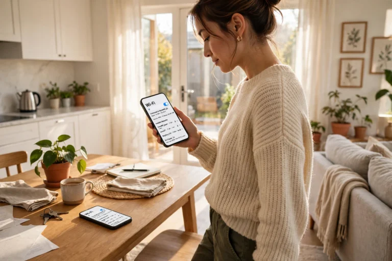 Hand holding a smartphone displaying a WiFi speed test with a large gauge and results