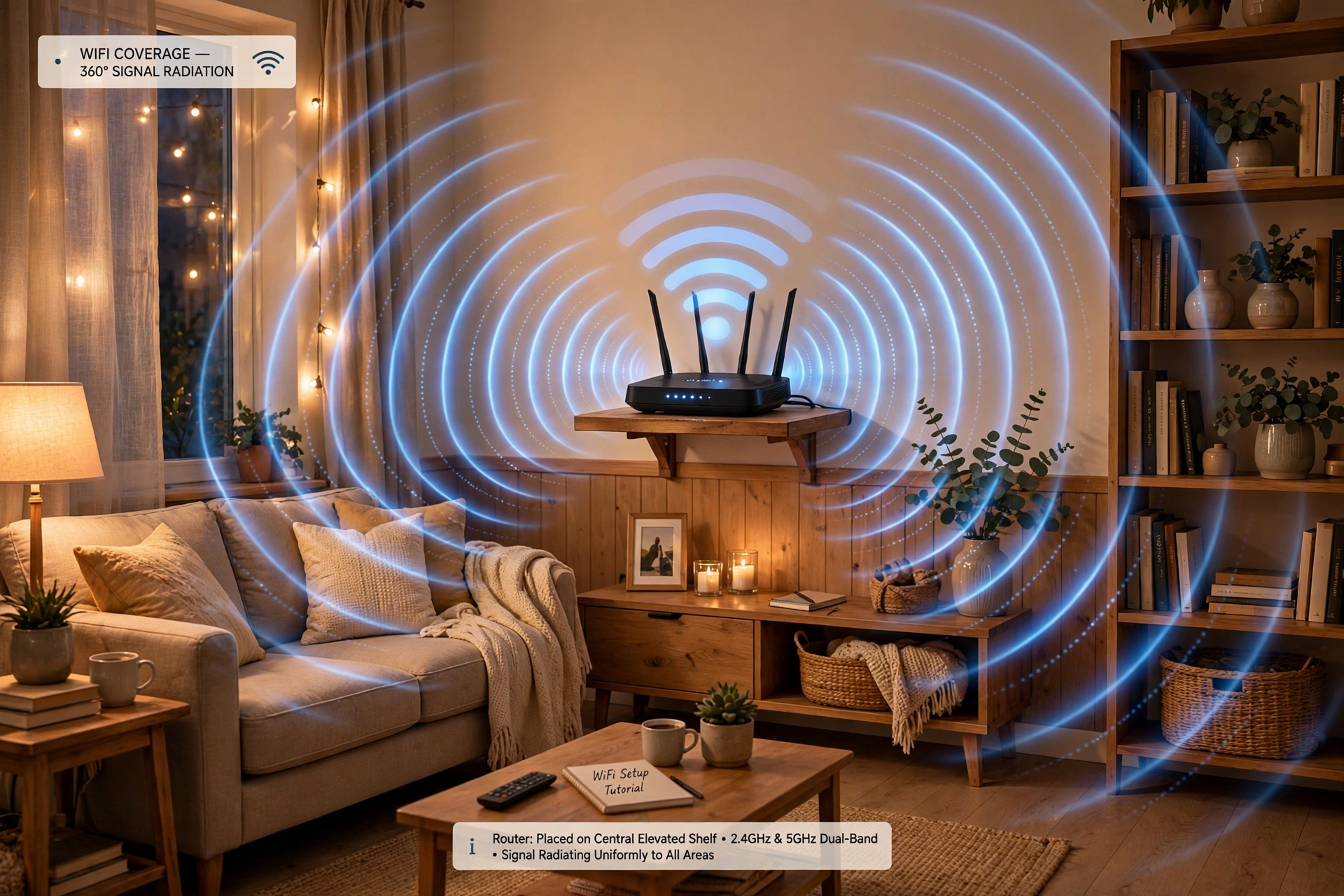 Router placed centrally on a shelf with strong WiFi signal