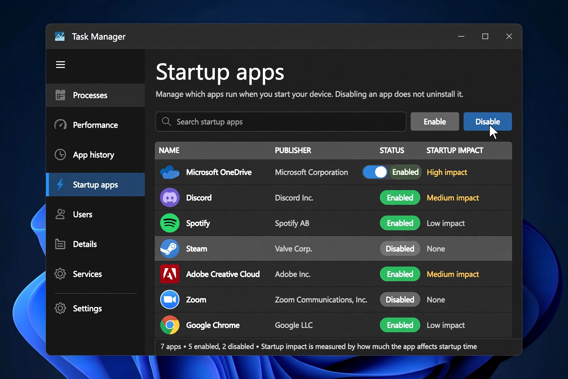 Disabling startup apps in Windows 11 Task Manager