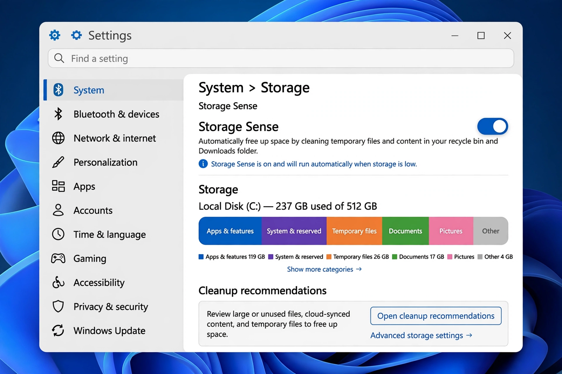 Storage Sense turned on in Windows 11 Storage settings