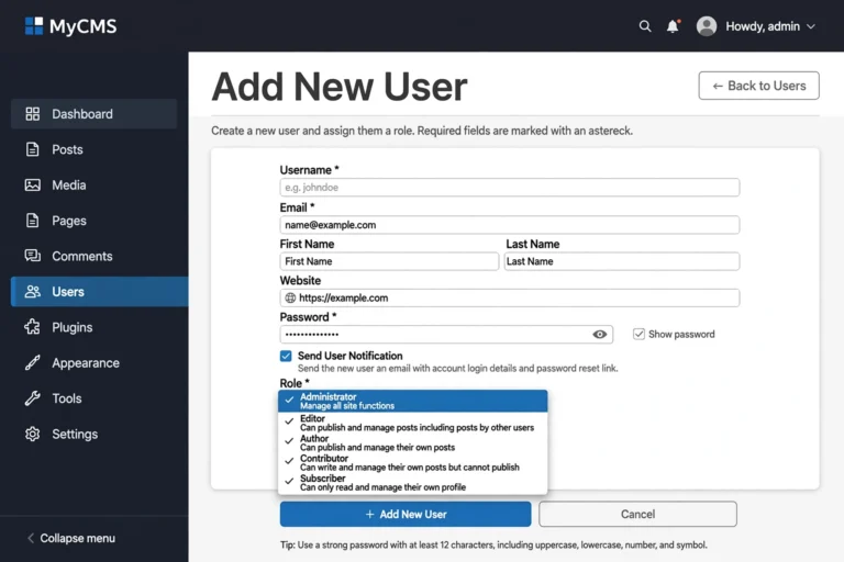 The Add New User form in the WordPress dashboard with username, email, password and role fields