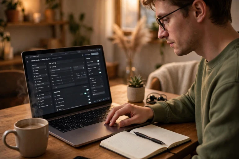 Person fixing WordPress site settings on a laptop to resolve an SSL connection error