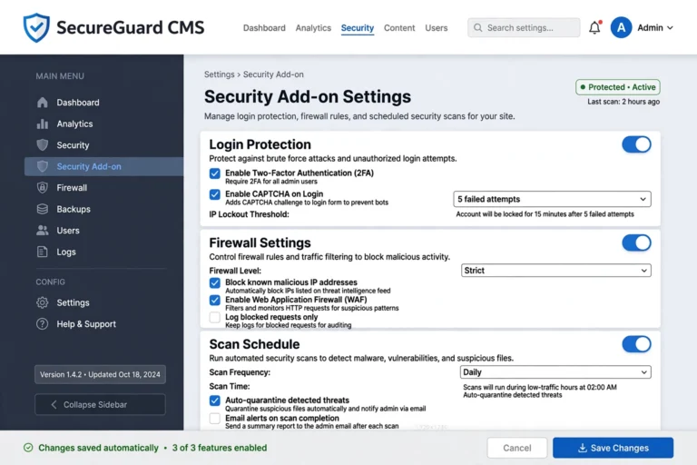 WordPress plugin settings page with toggles for security features