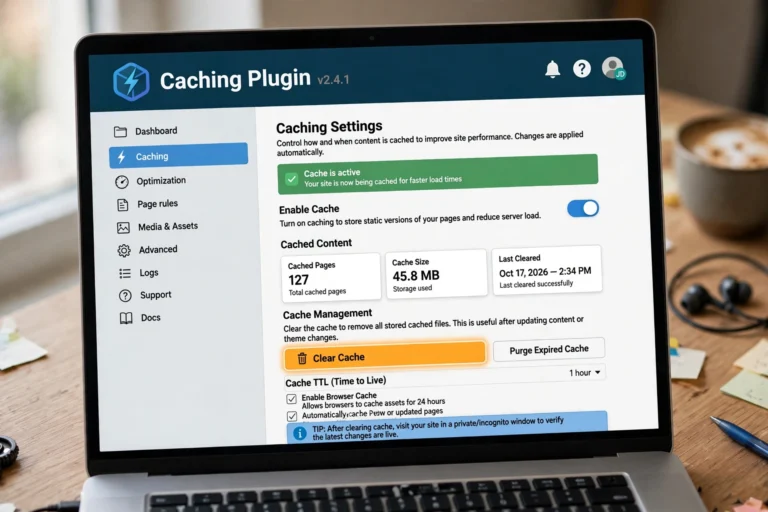 WordPress caching plugin settings page with page cache and optimization options enabled