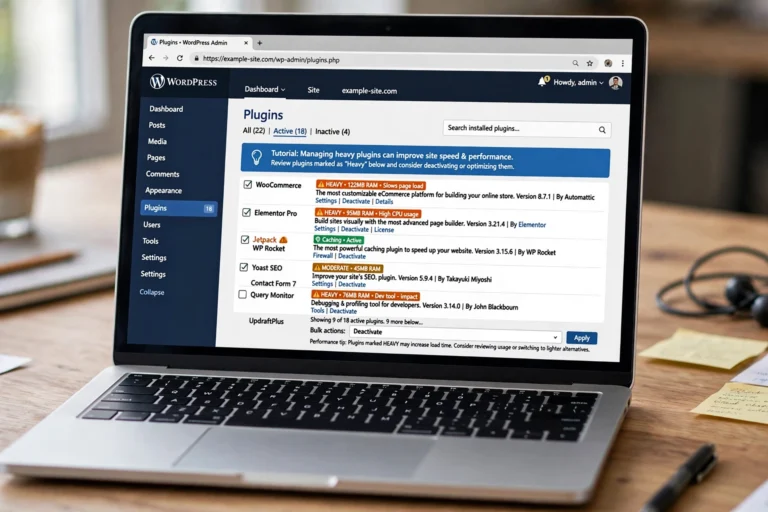 WordPress plugins dashboard showing active plugins being audited for performance